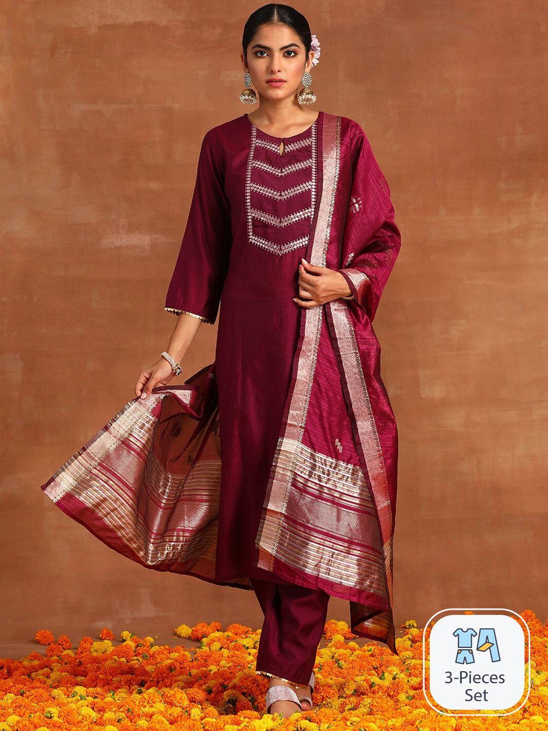 indo era ethnic motifs embroidered liva kurta & trousers with dupatta