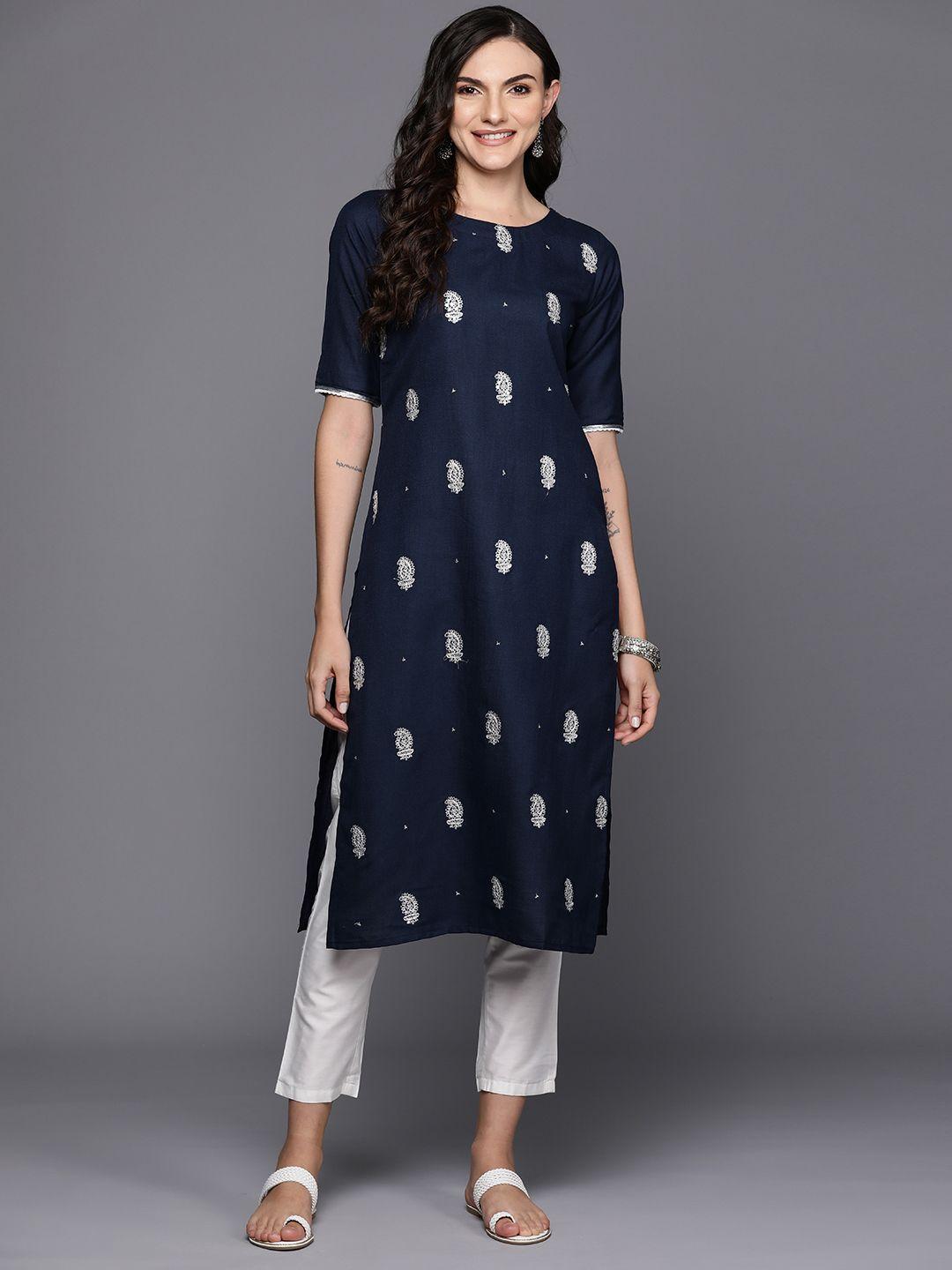 indo era ethnic motifs embroidered sequinned detail indigo straight kurta