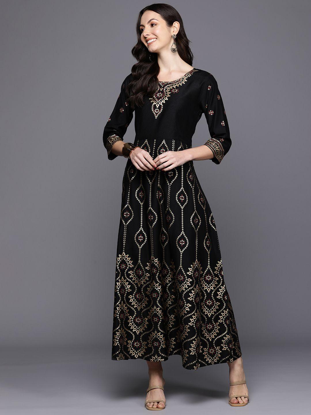 indo era ethnic motifs foil print liva a-line maxi dress