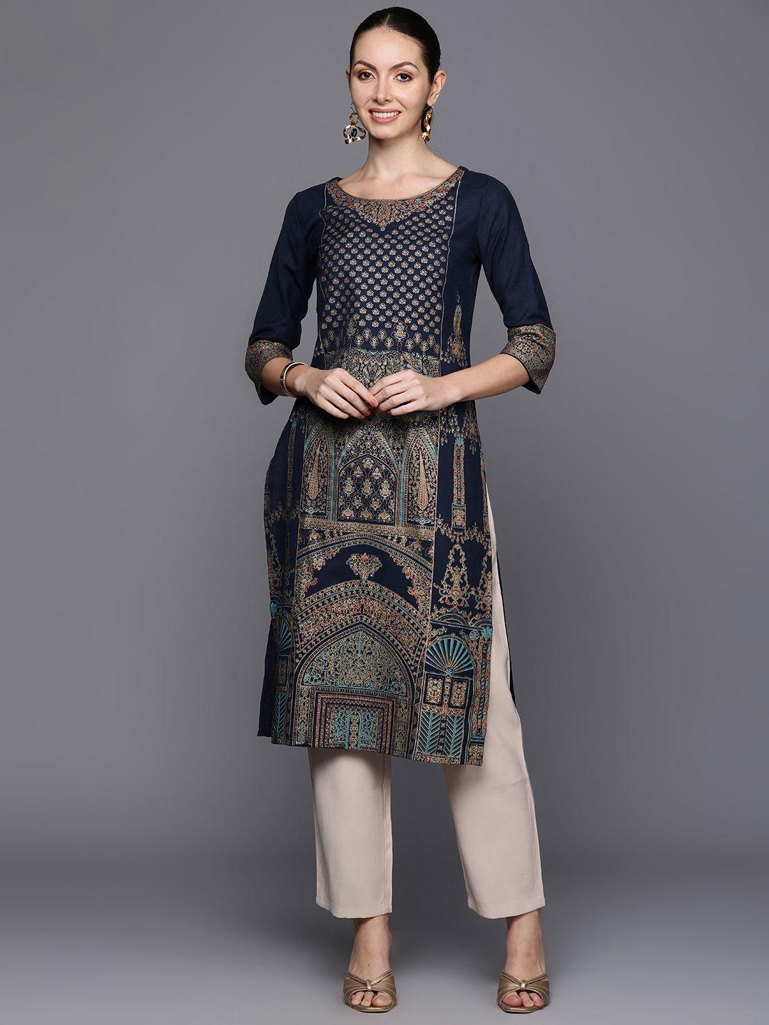 indo era ethnic motifs foil printed straight kurta