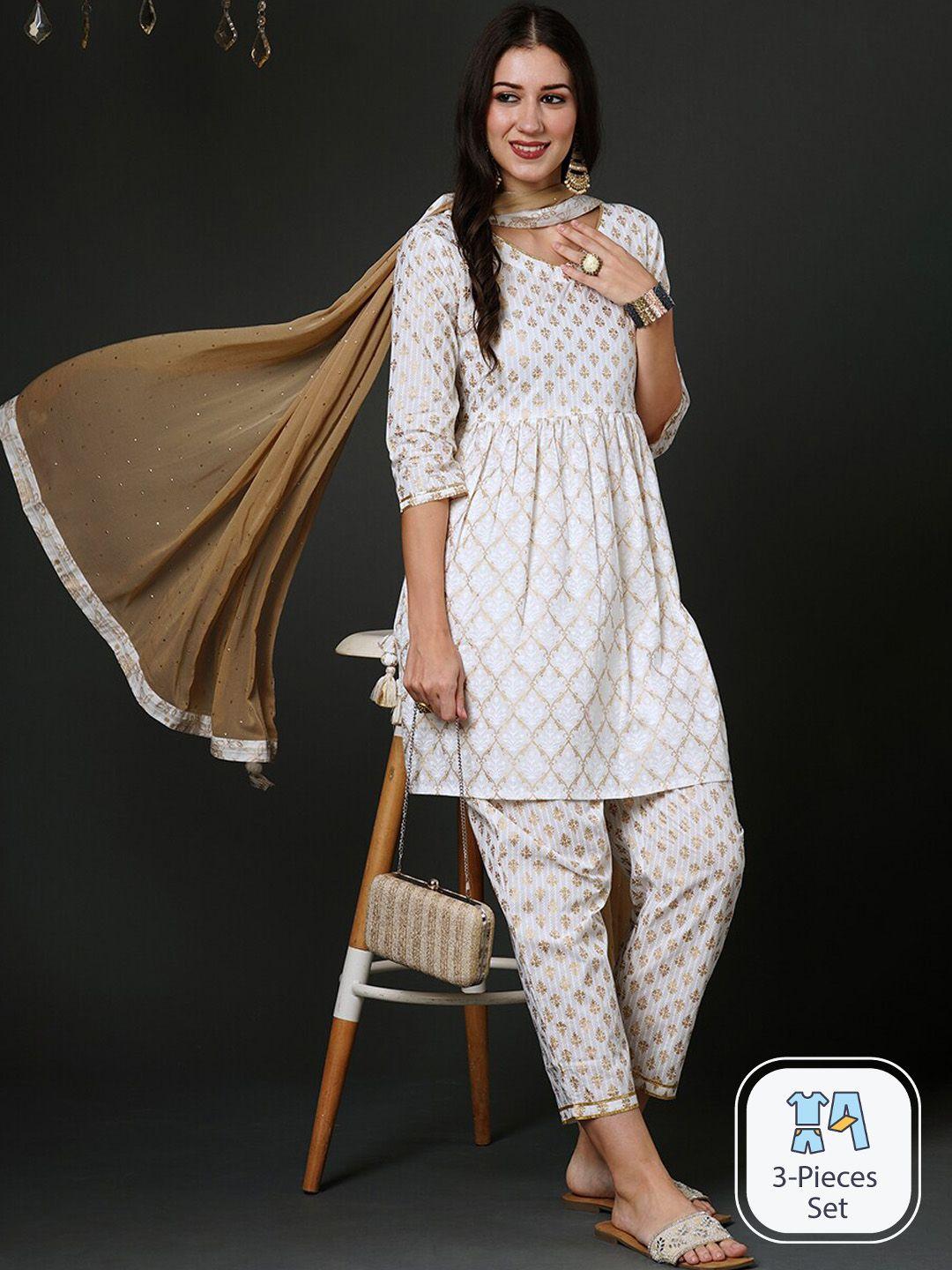 indo era ethnic motifs foil printed v-neck a-line kurta with trousers