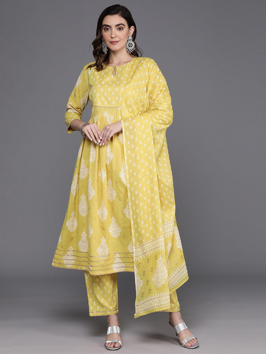 indo era ethnic motifs printed a-line gotta patti cotton kurta with trousers & dupatta