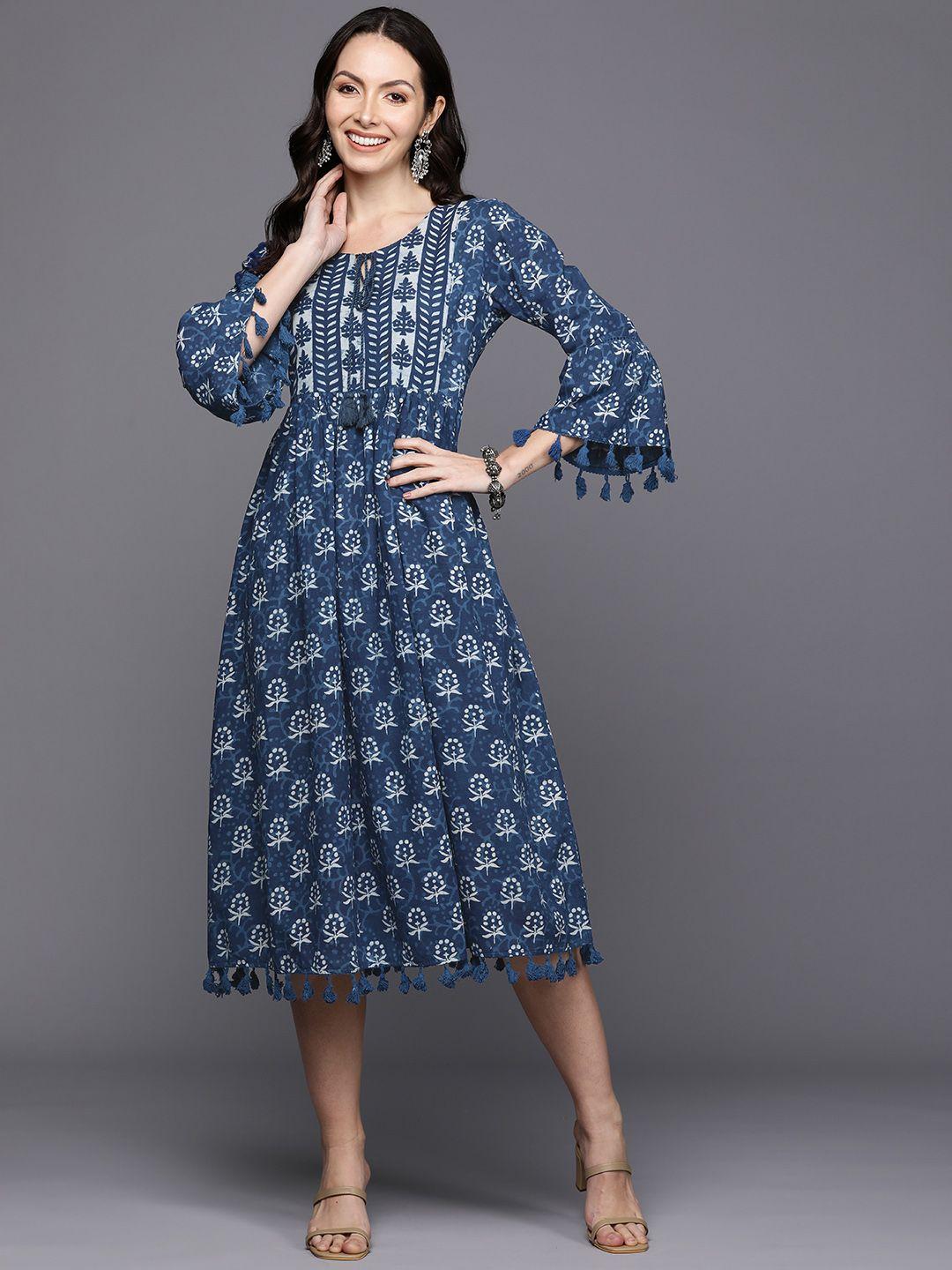 indo era ethnic motifs printed gathered & tasselled detail midi a-line dress