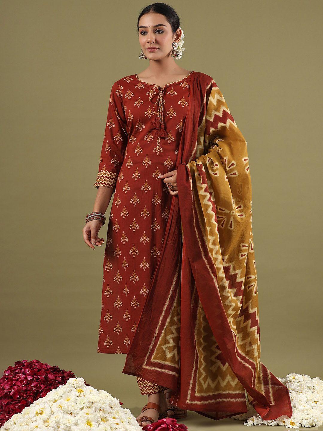 indo era ethnic motifs printed pure cotton kurta with trousers & with dupatta