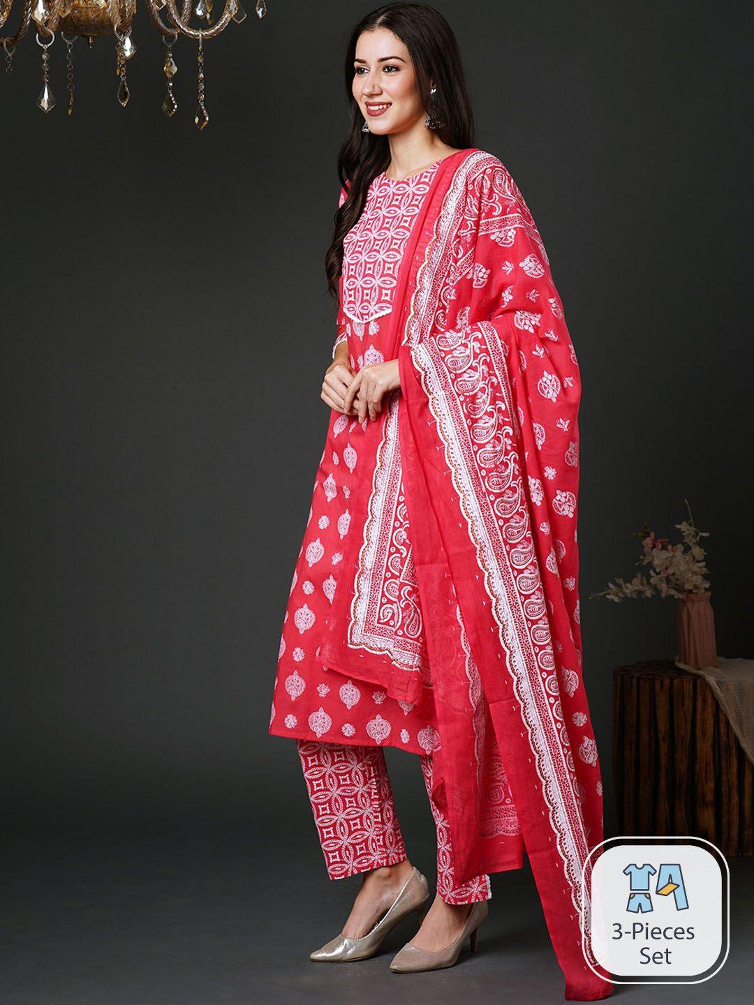 indo era ethnic motifs printed pure cotton straight kurta & trousers with dupatta