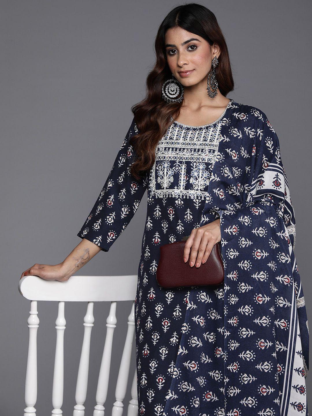 indo era ethnic motifs printed thread work kurta with trousers & dupatta