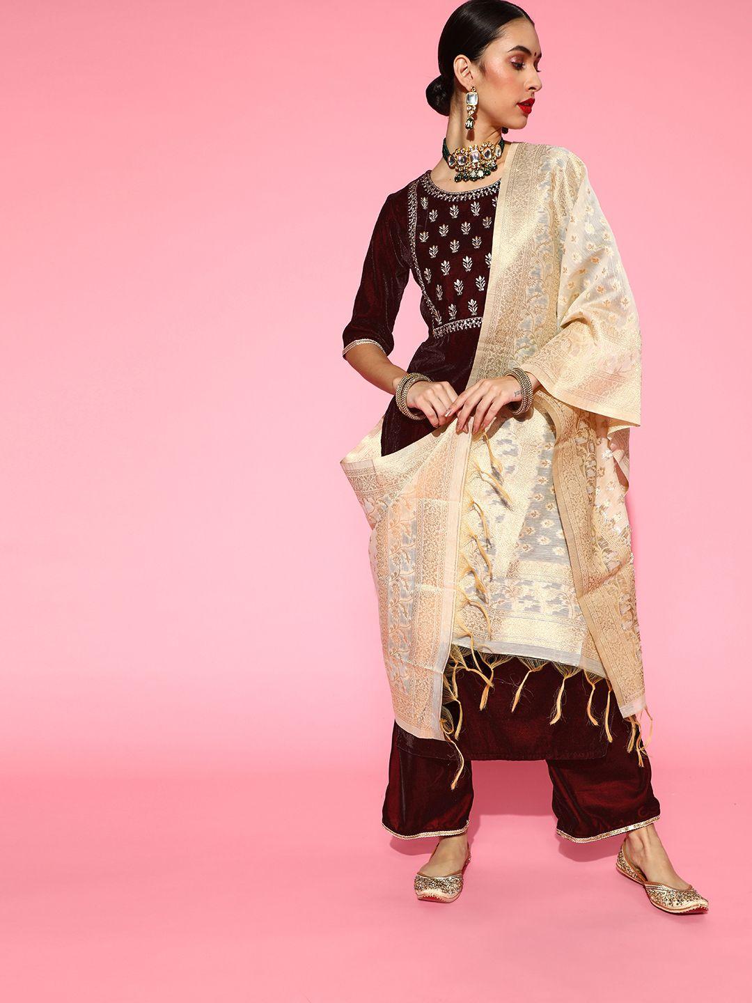 indo era ethnic motifs velvet kurta set