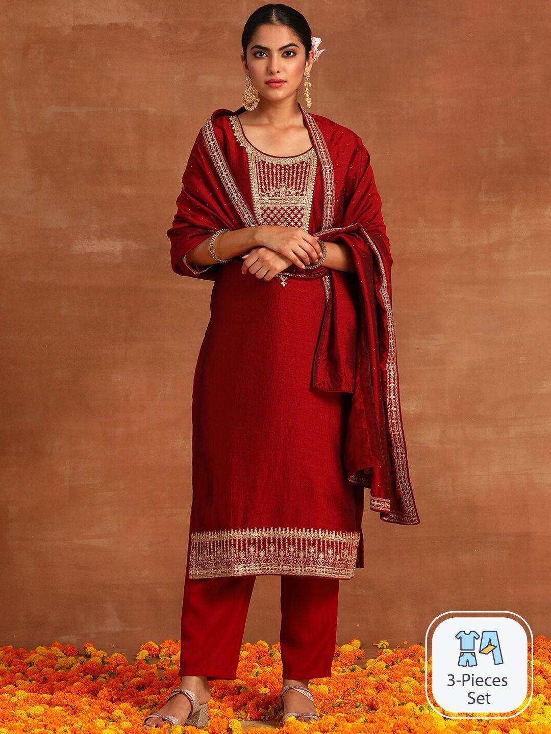 indo era ethnic motifs yoke design sequinned detail straight kurta & trousers with dupatta