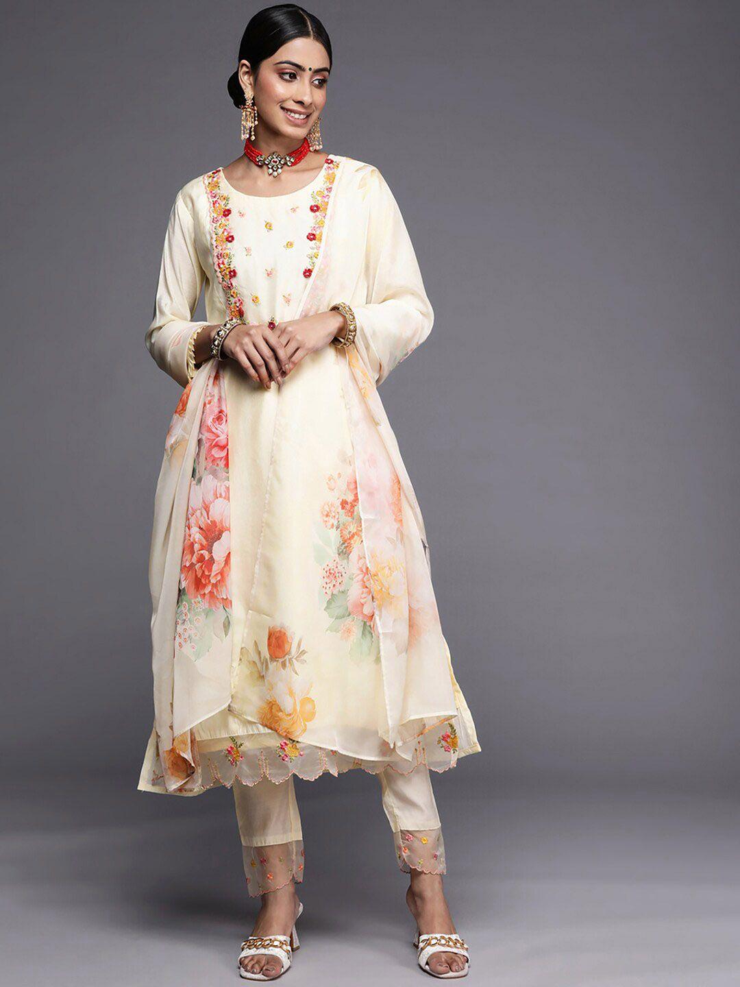 indo era floral embroidered a-line chanderi cotton kurta with trousers & dupatta