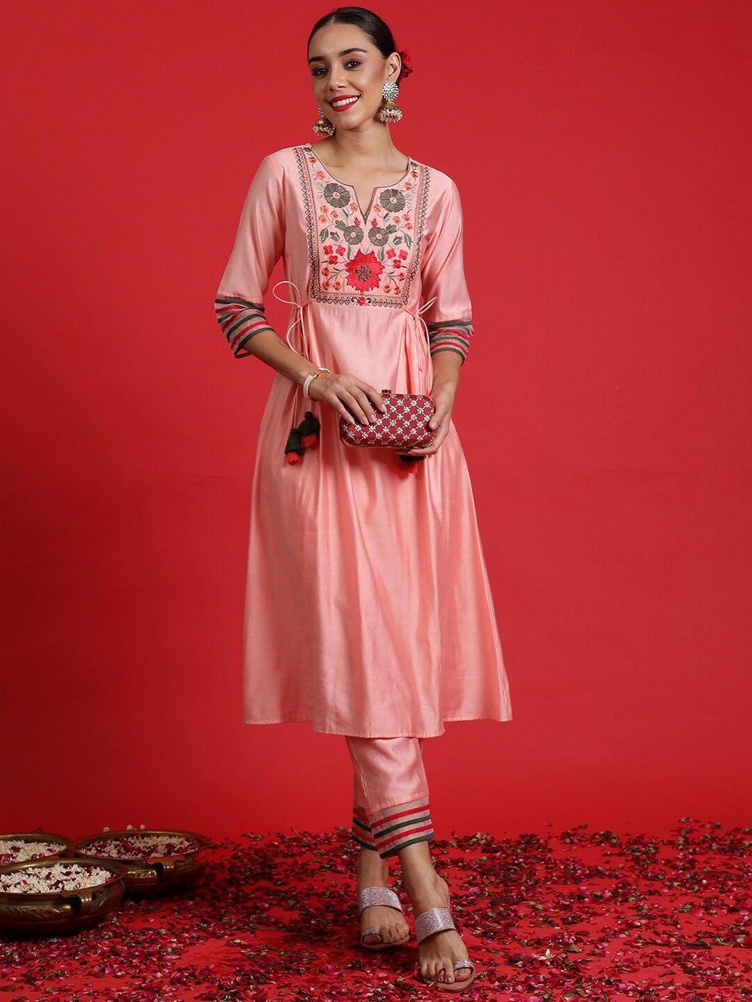 indo era floral embroidered a-line thread work kurta with trousers