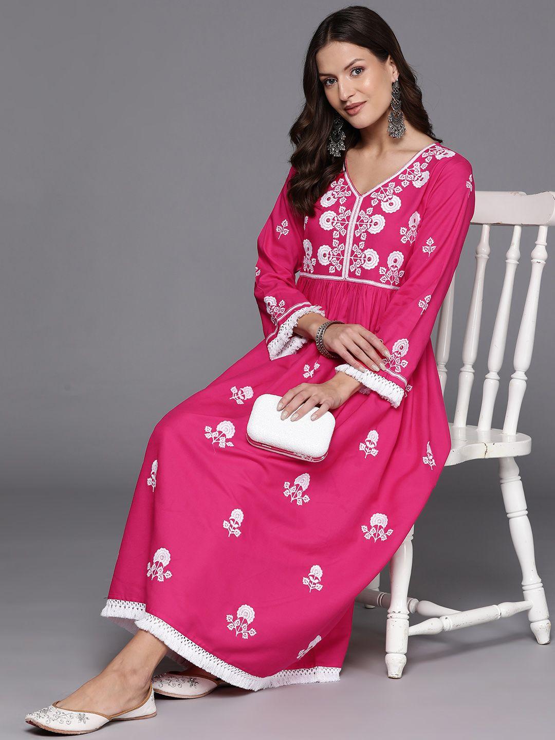 indo era floral embroidered bell sleeve a-line midi dress