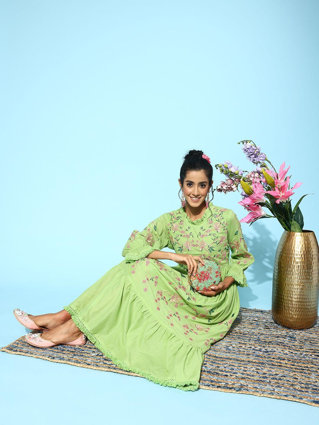 indo era floral embroidered bell sleeve cotton a-line maxi dress