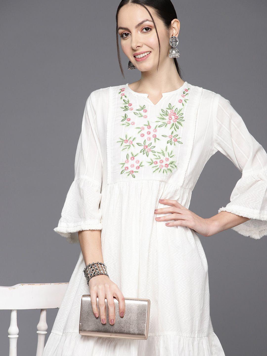 indo era floral embroidered bell sleeves fringed a-line ethnic dress
