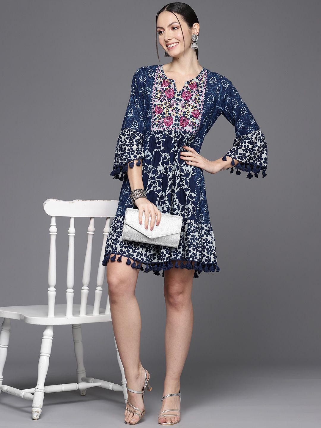 indo era floral embroidered bell sleeves with pom-pom detail a-line dress