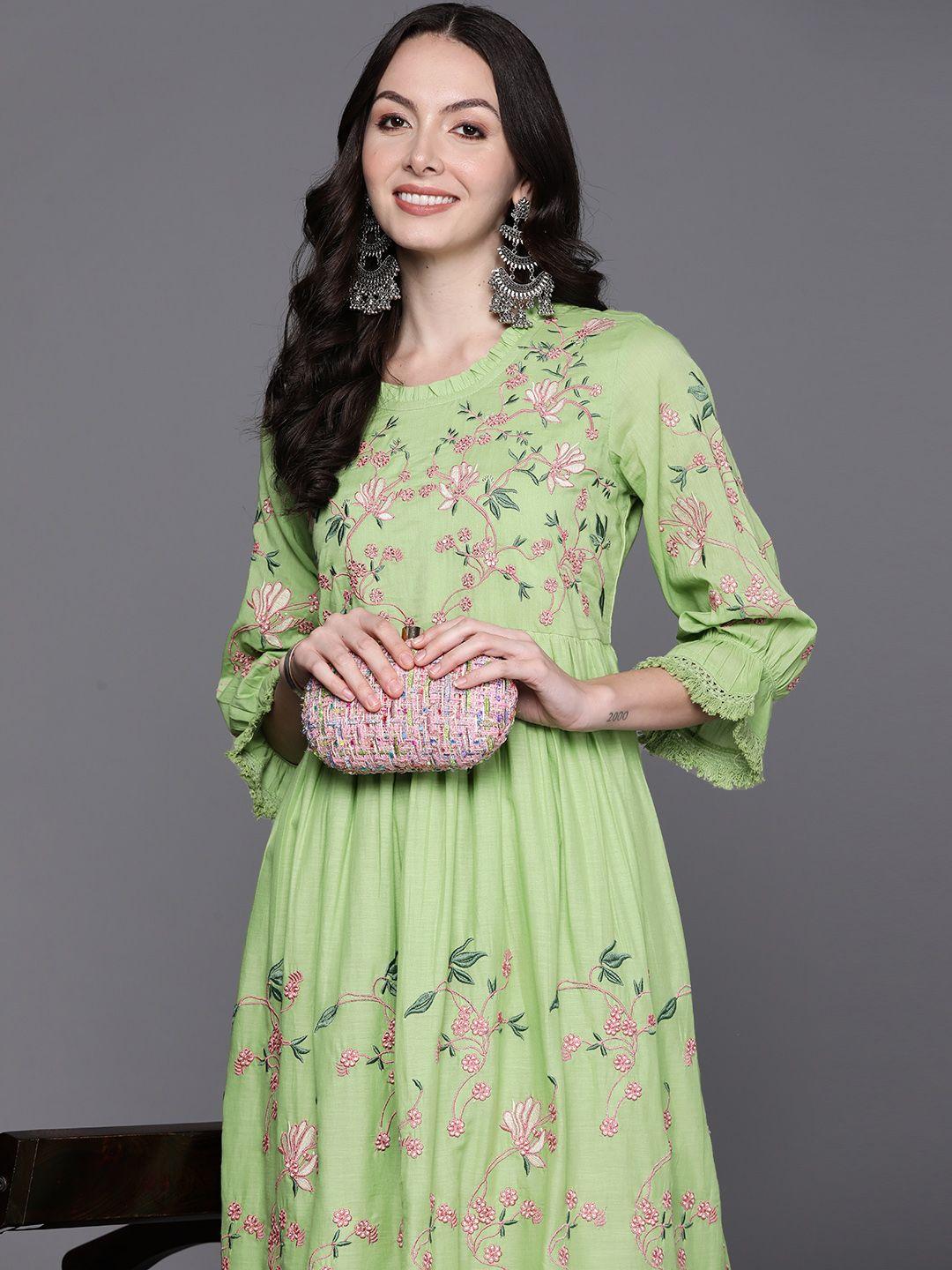 indo era floral embroidered embellished bell sleeves a-line midi ethnic dress