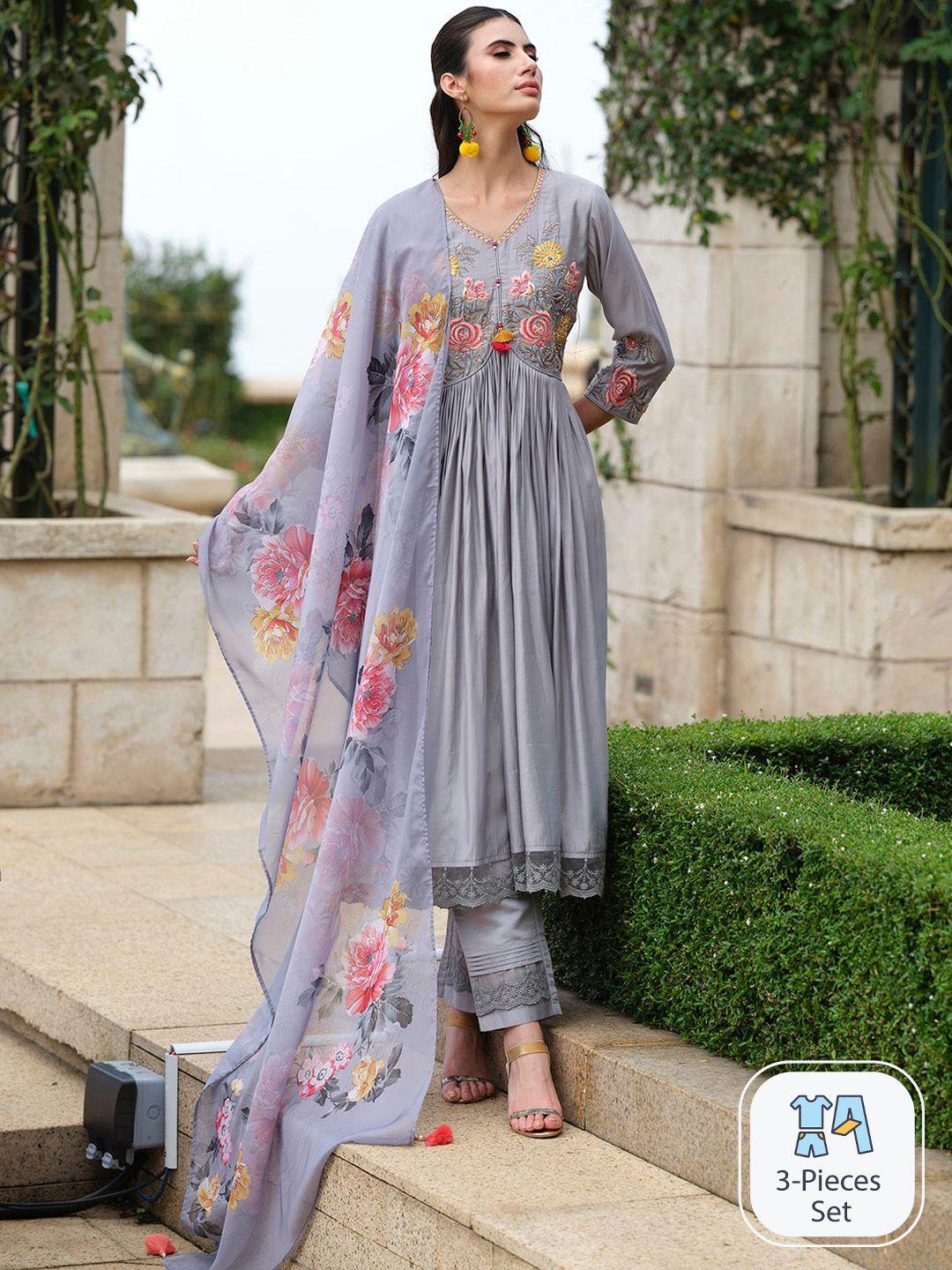 indo era floral embroidered empire thread work a-line kurta with trousers & dupatta