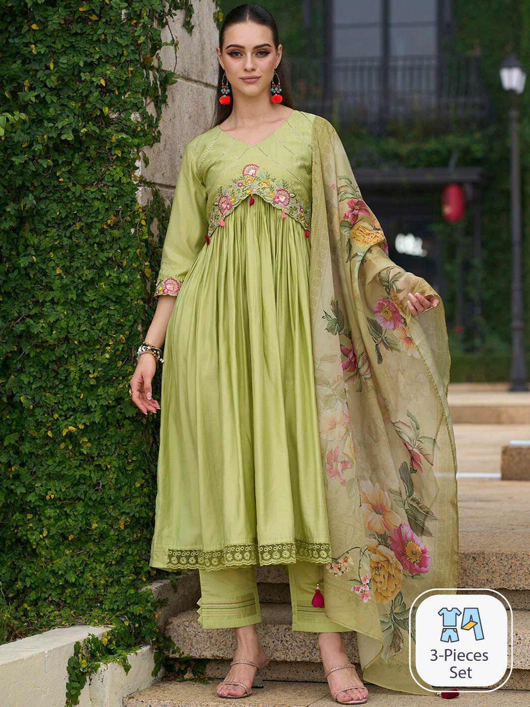 indo era floral embroidered empire thread work a-line kurta with trousers & with dupatta