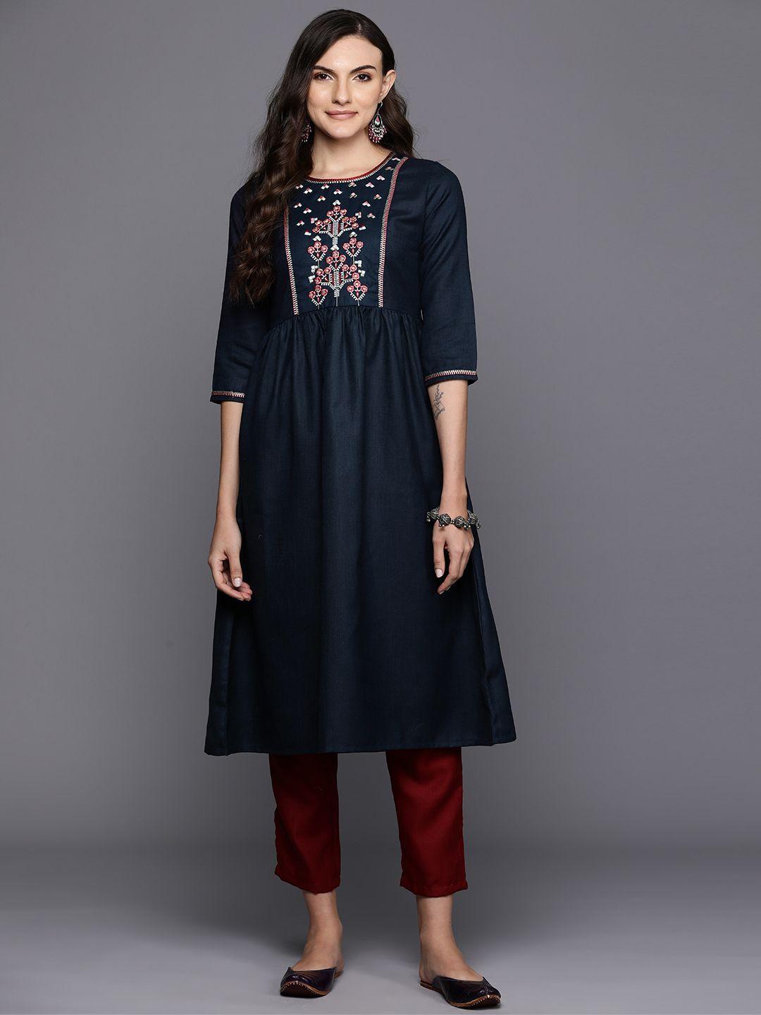 indo era floral embroidered gathered detail empire style a-line kurta