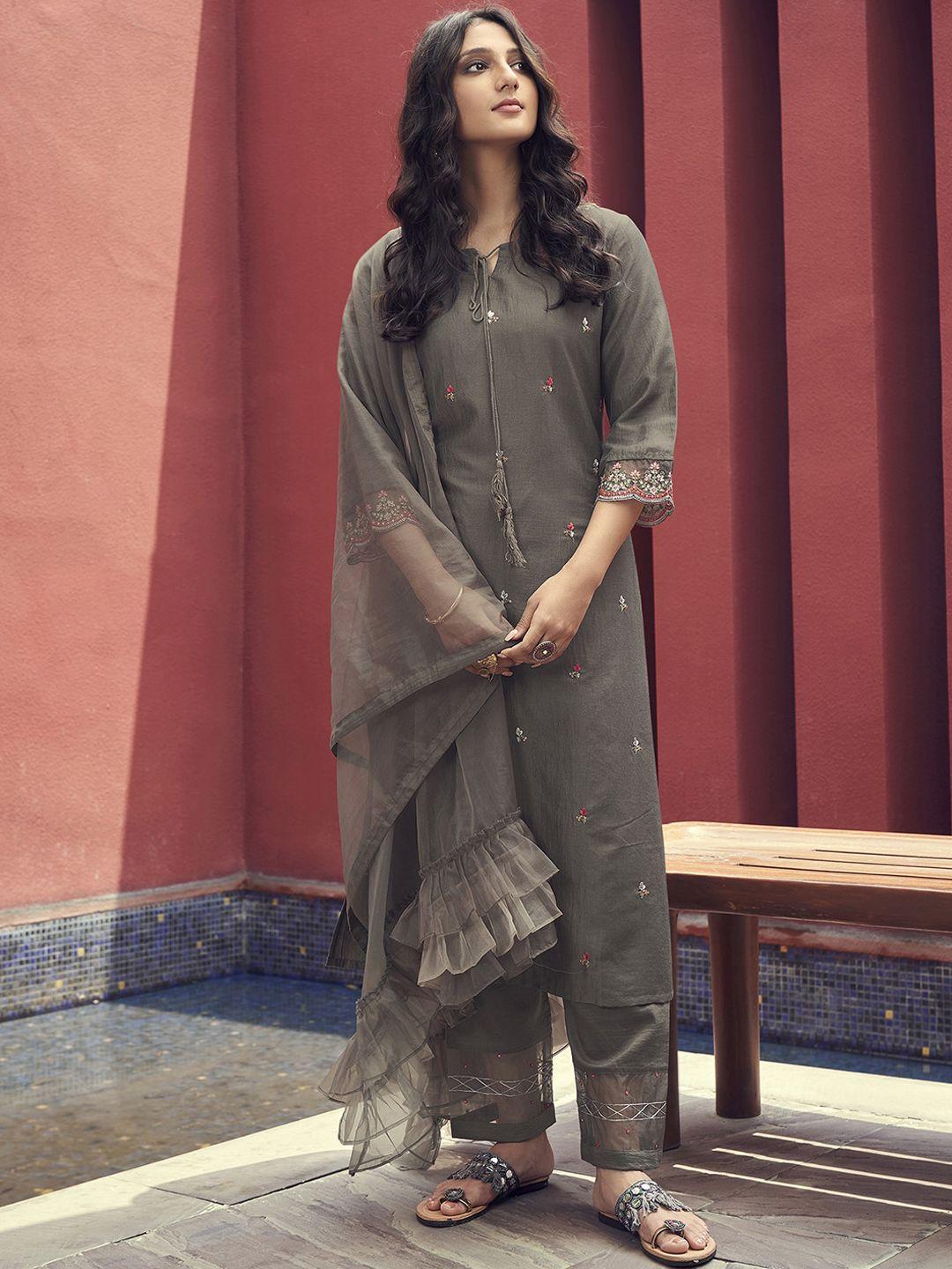 indo era floral embroidered kurta with trousers & with dupatta