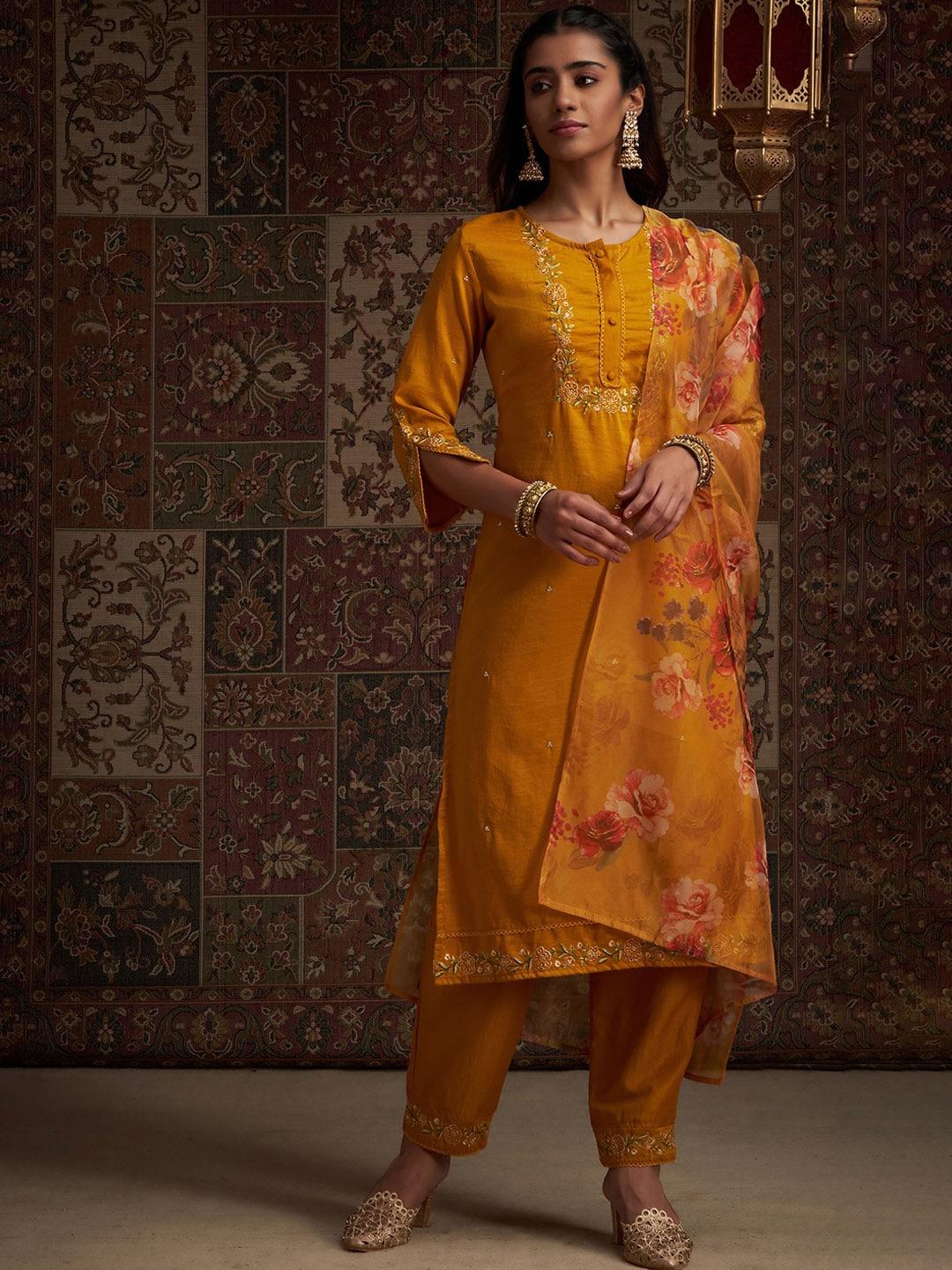 indo era floral embroidered kurta with trousers & with dupatta