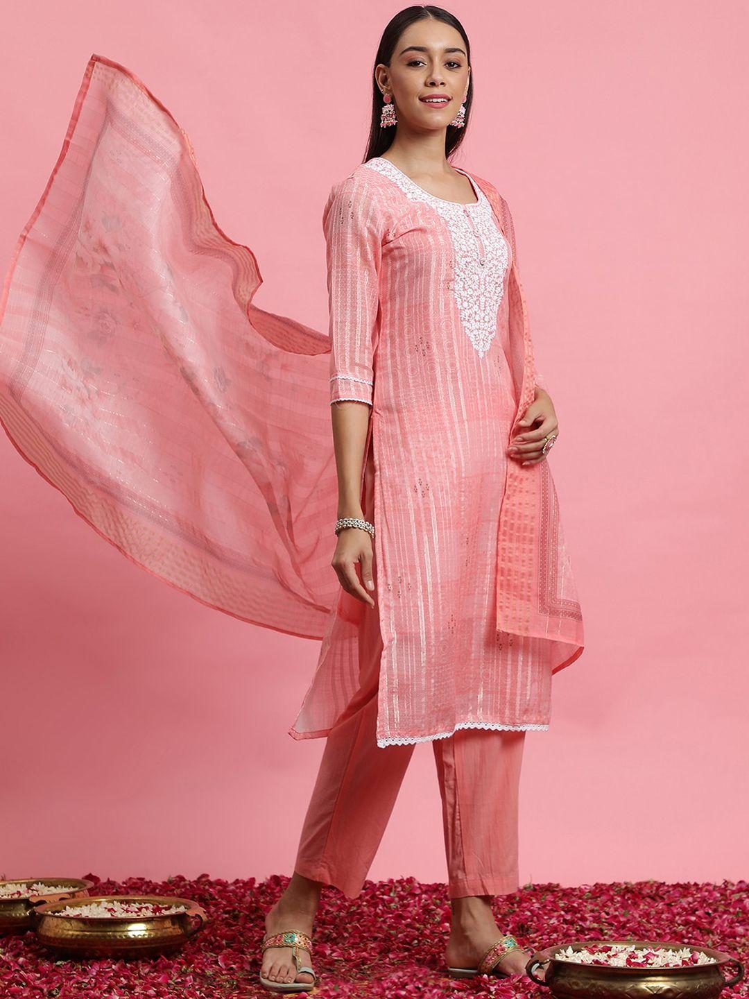indo era floral embroidered linen straight kurta with trousers & dupatta