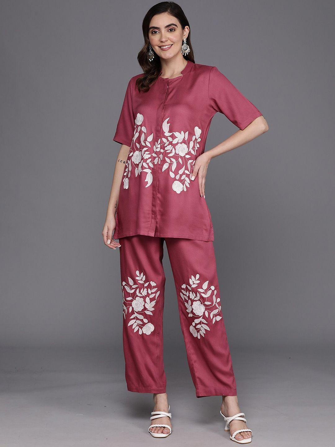 indo era floral embroidered mandarin collar straight shirt & trousers