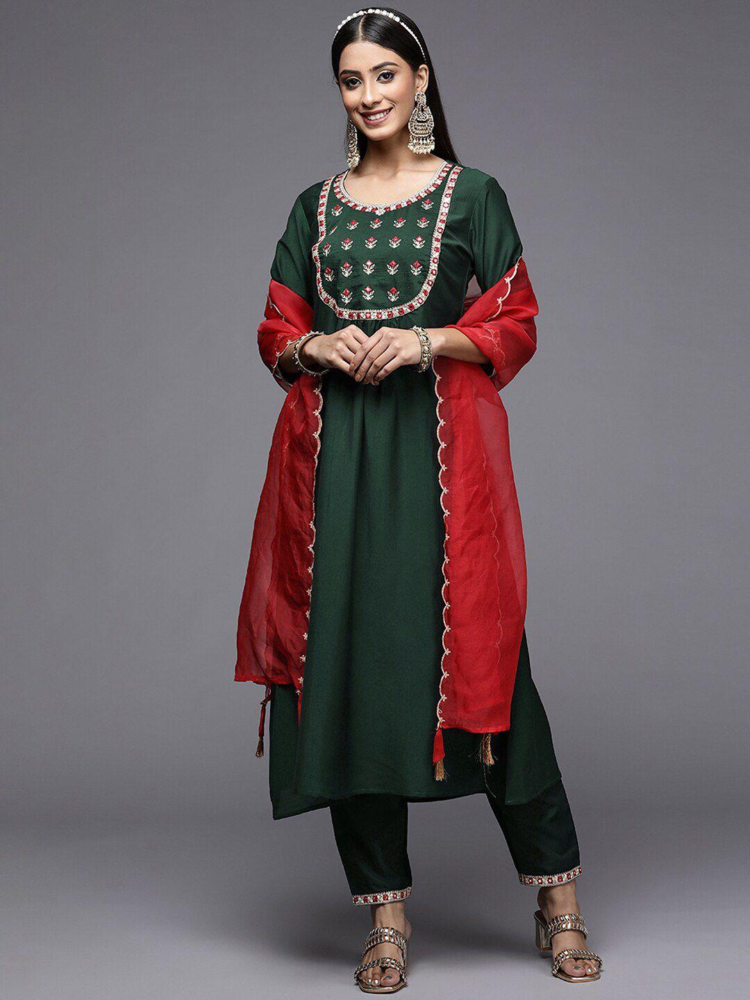 indo era floral embroidered mirror work anarkali kurta with trousers & dupatta