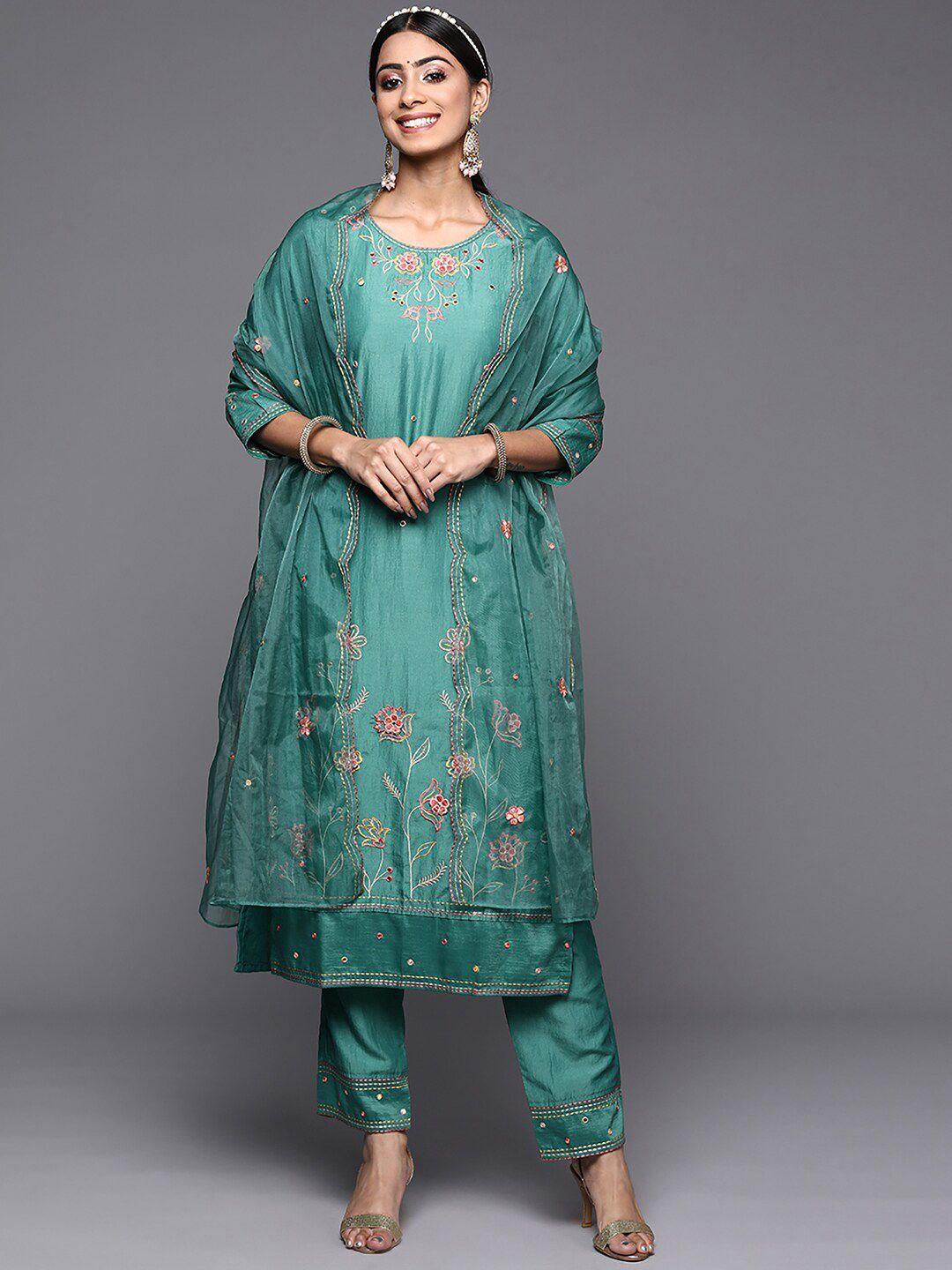 indo era floral embroidered mirror work kurta with trousers & dupatta