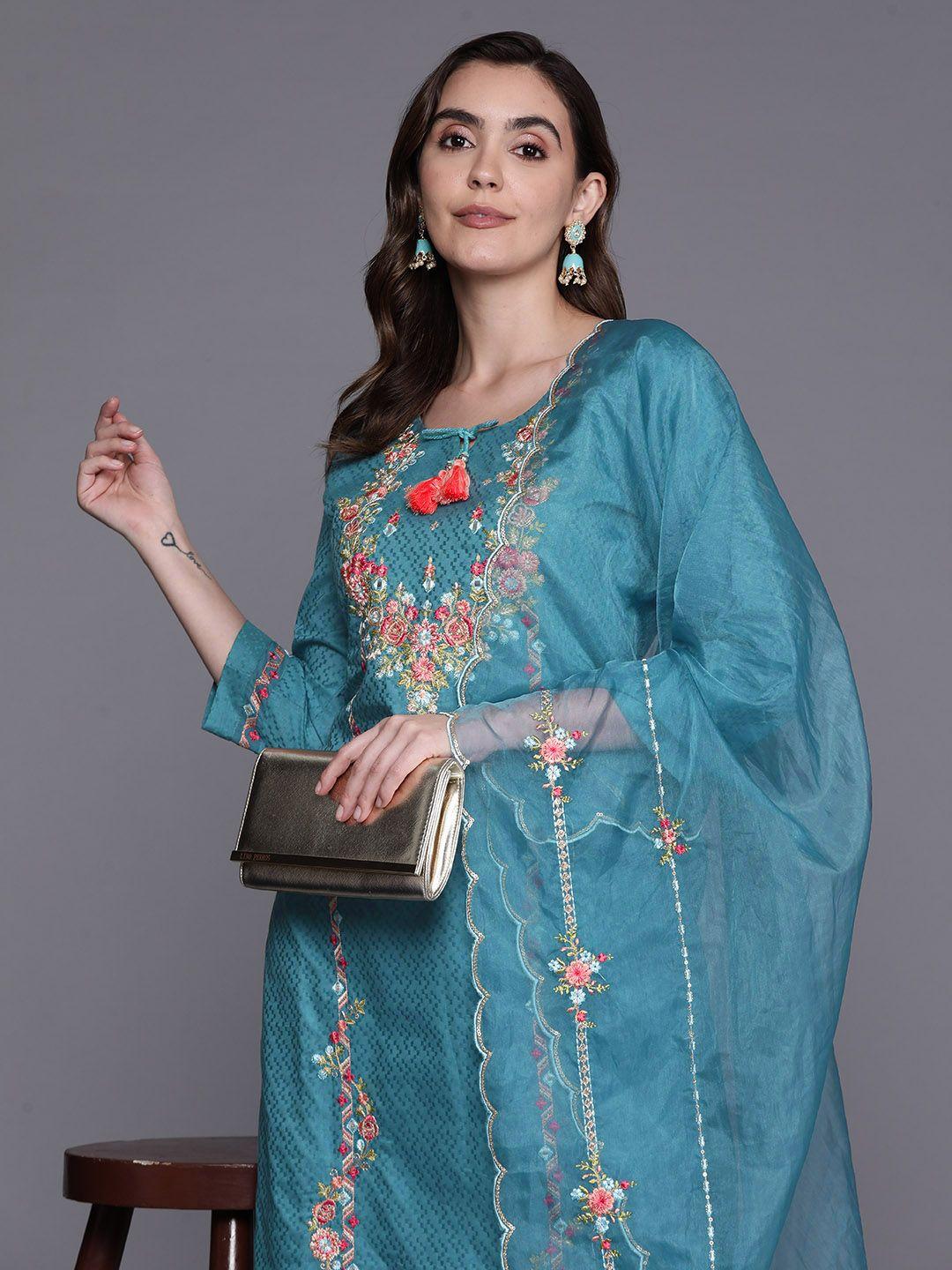 indo era floral embroidered panelled thread work pure cotton kurta with trousers & dupatta