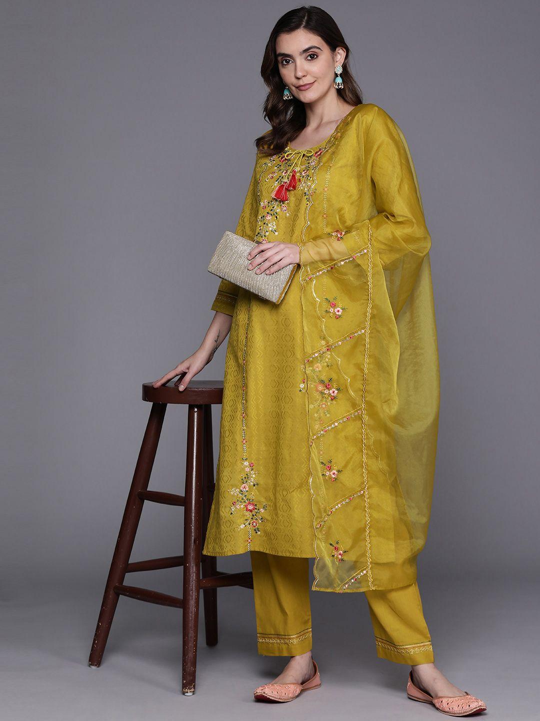 indo era floral embroidered panelled thread work pure cotton kurta with trousers & dupatta