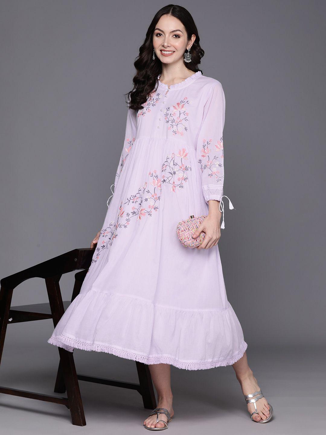 indo era floral embroidered puff sleeve a-line midi dress