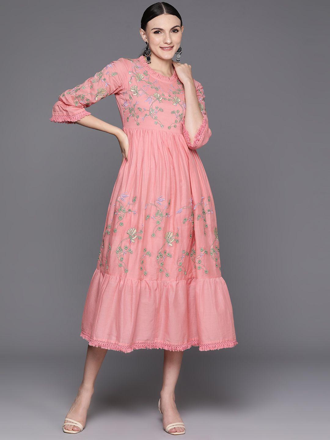 indo era floral embroidered puff sleeves a-line midi ethnic dress