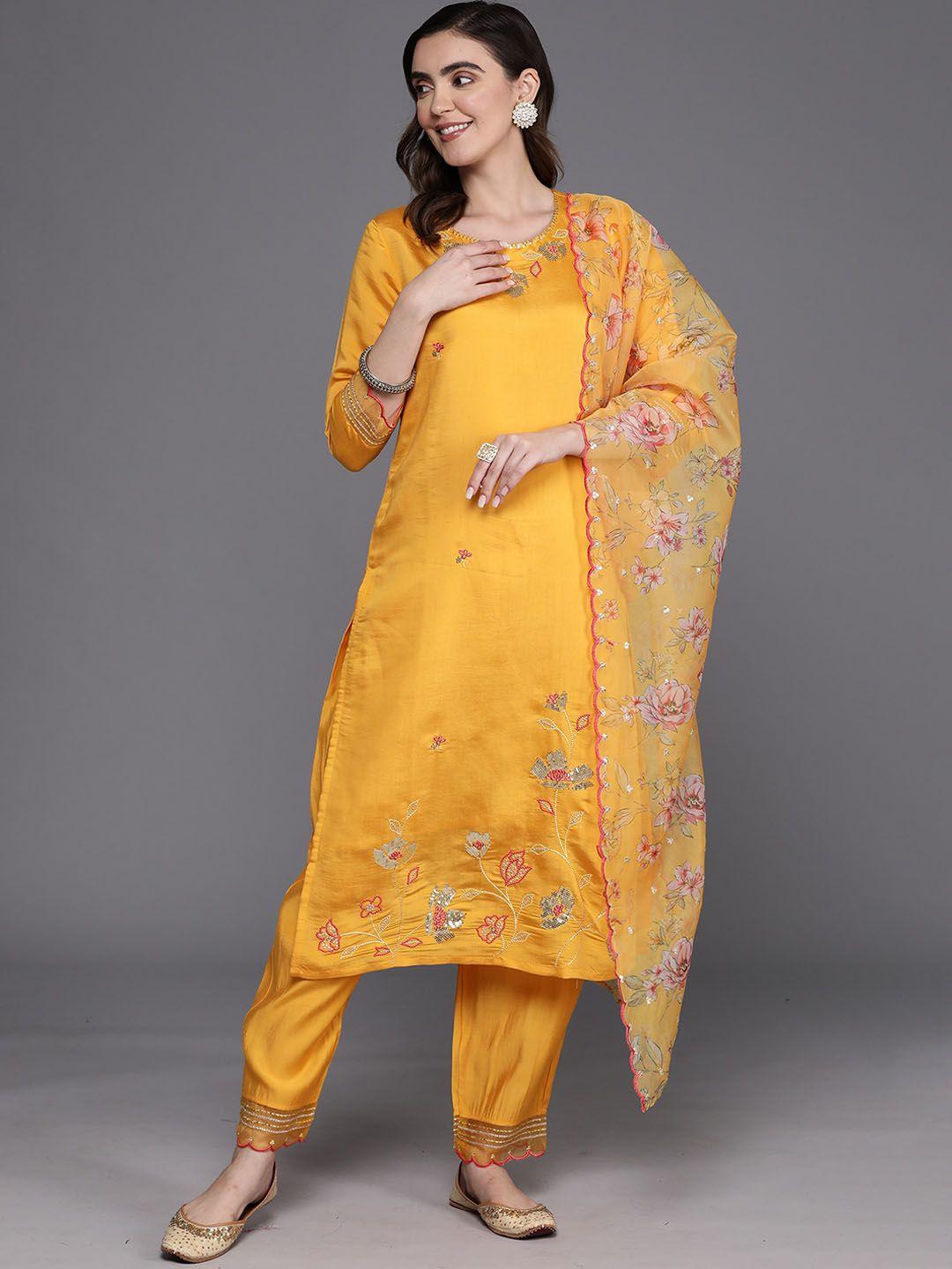 indo era floral embroidered regular kurta with trousers & with dupatta