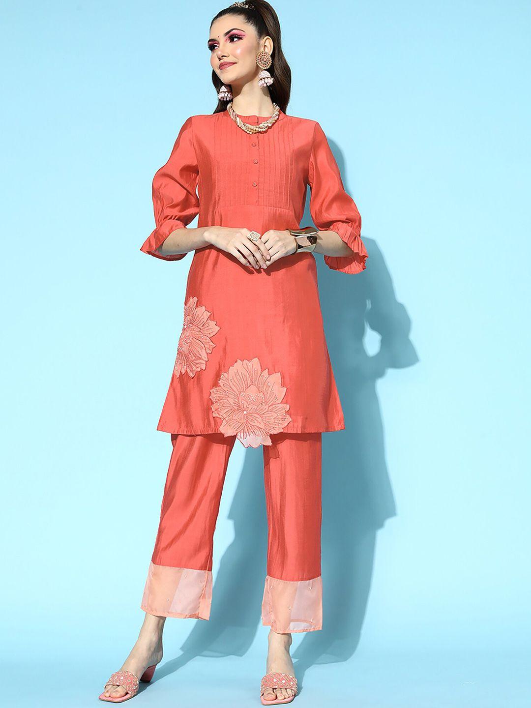 indo era floral embroidered regular patchwork chanderi cotton kurti with trousers