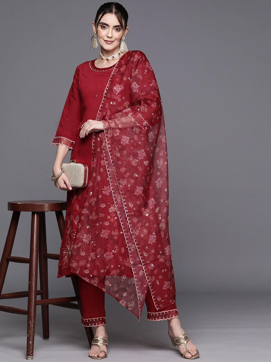 indo era floral embroidered regular sequinned kurta with trousers & dupatta