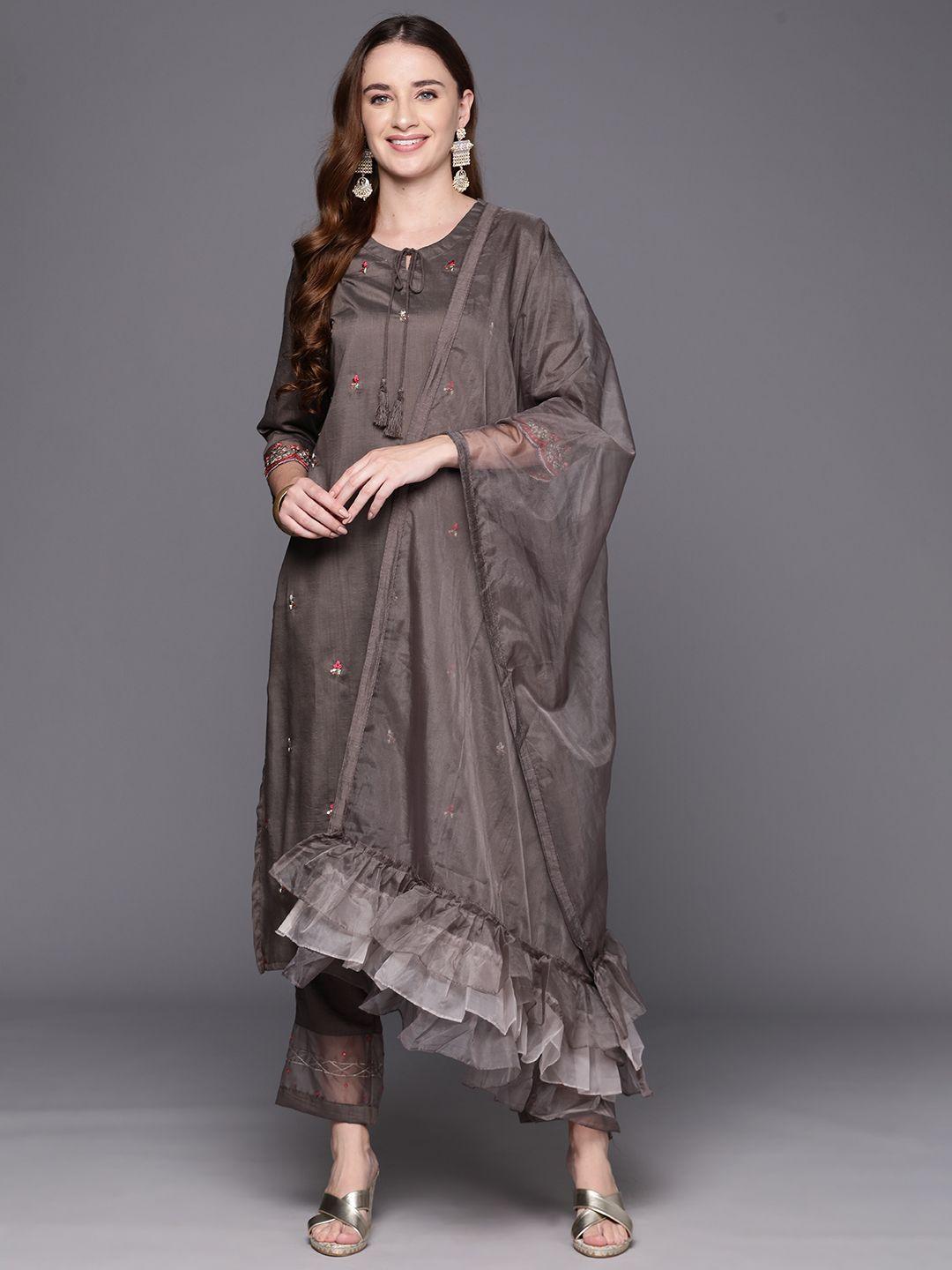 indo era floral embroidered regular sequinned kurta with trousers & dupatta