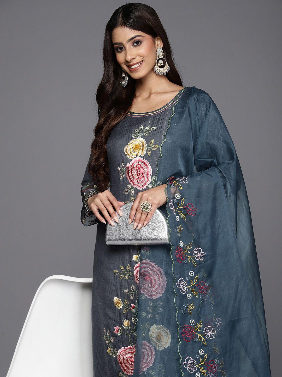 indo era floral embroidered regular thread work kurta with trousers & dupatta