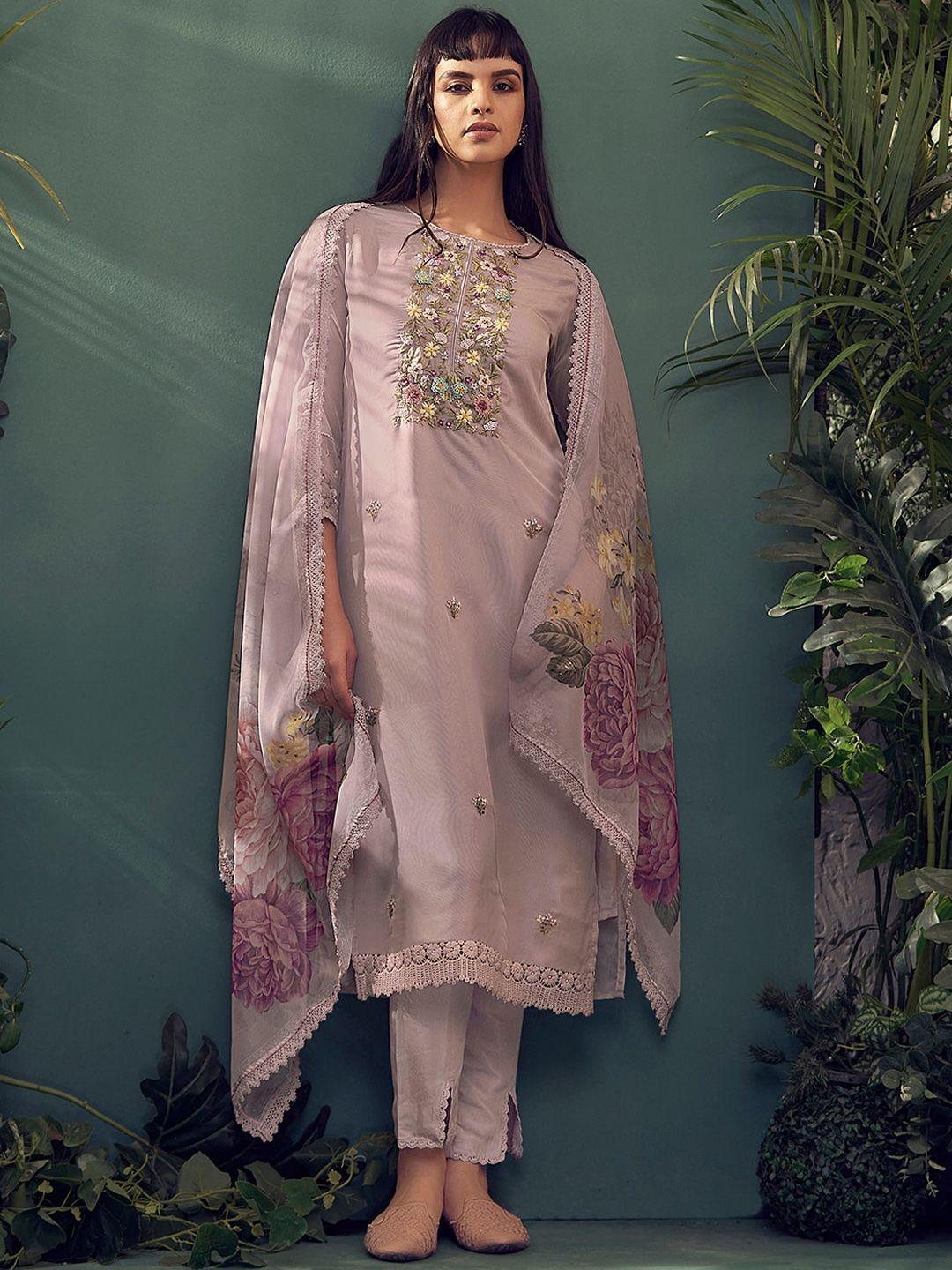 indo era floral embroidered regular thread work kurta with trousers & dupatta