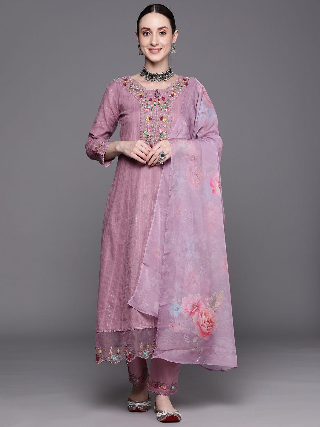 indo era floral embroidered regular thread work pure cotton kurta with trousers & dupatta