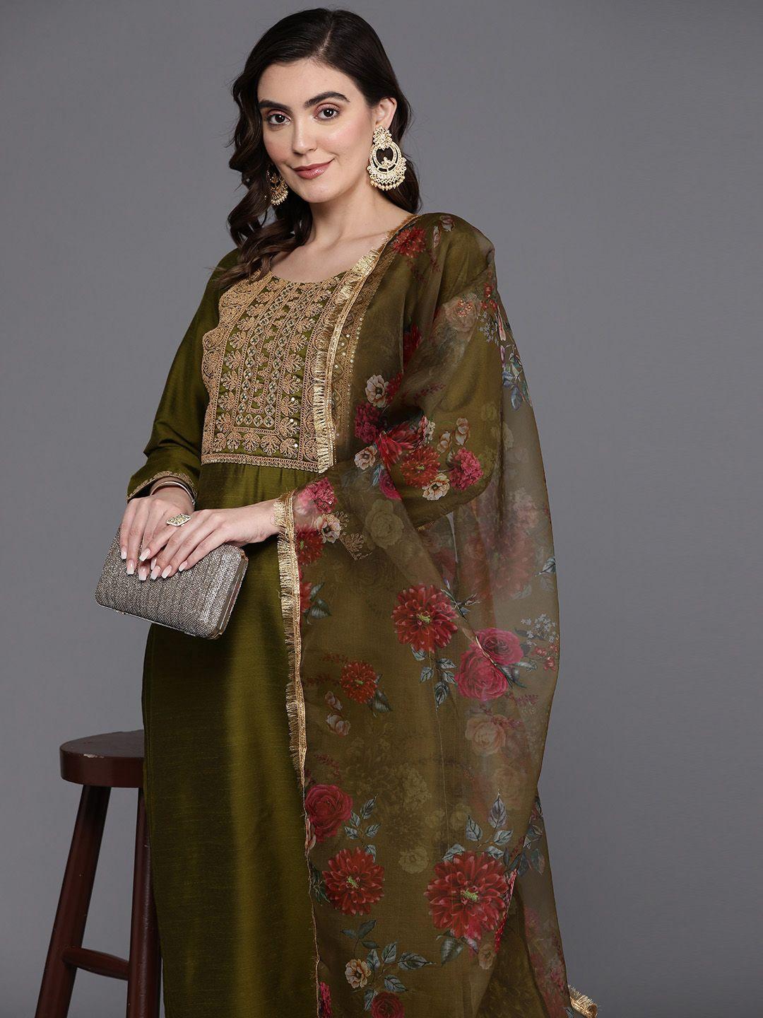 indo era floral embroidered sequinned chanderi silk kurta with trousers & dupatta