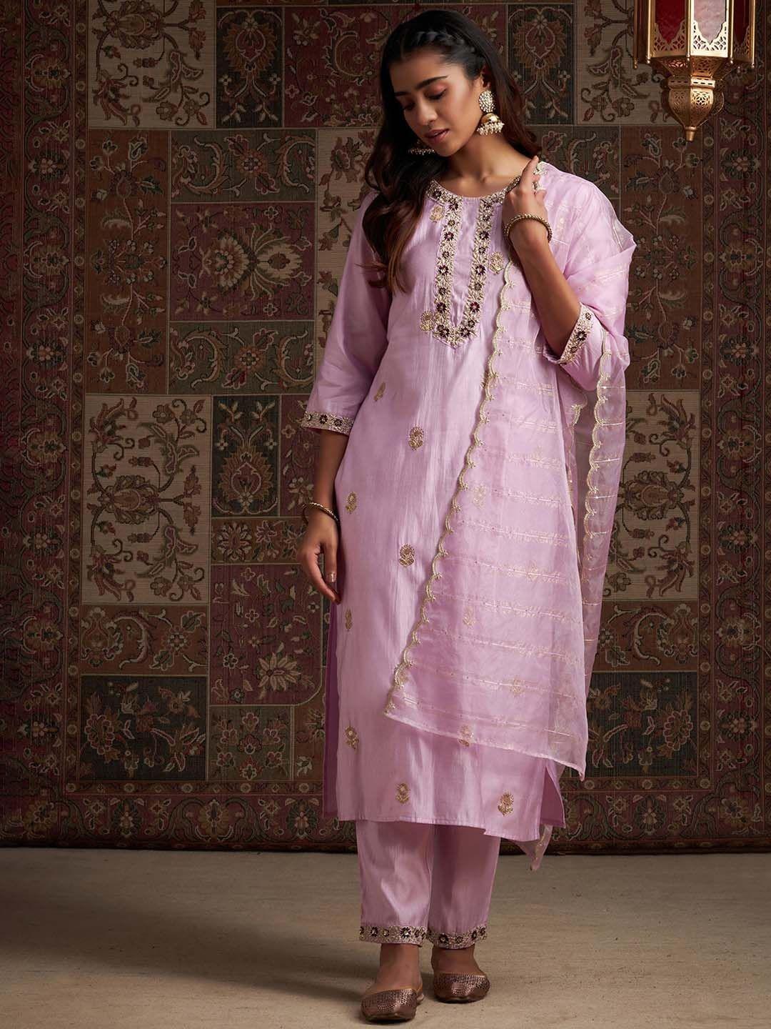 indo era floral embroidered sequinned kurta & trousers with dupatta