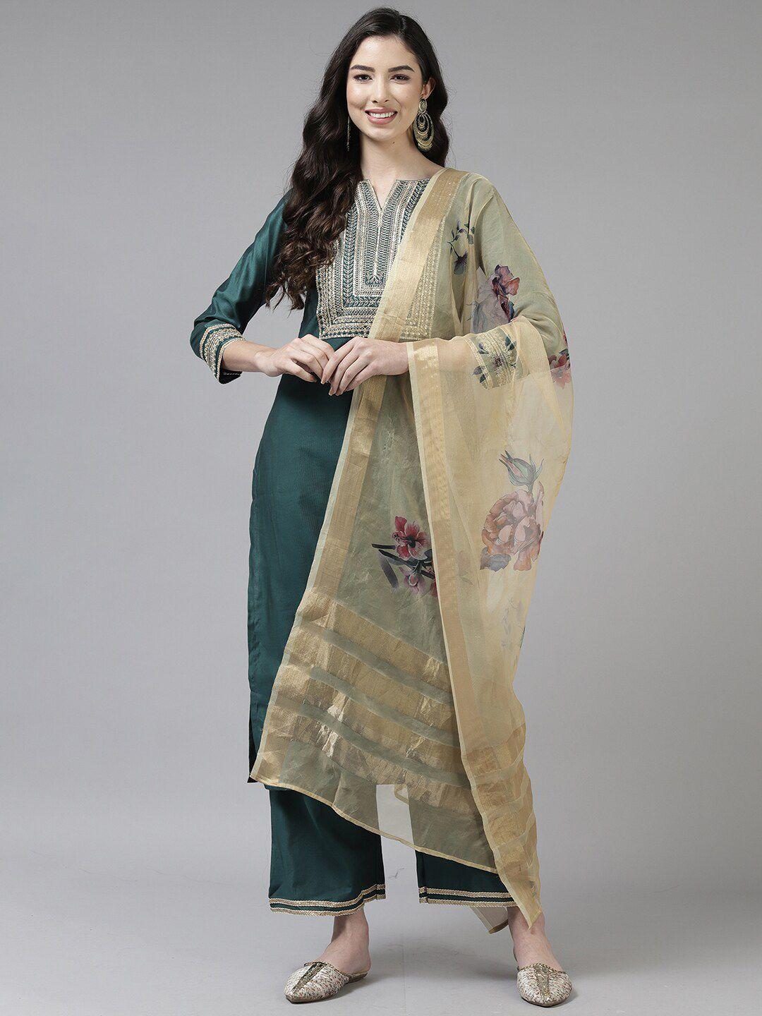 indo era floral embroidered sequinned liva kurta with trousers & dupatta