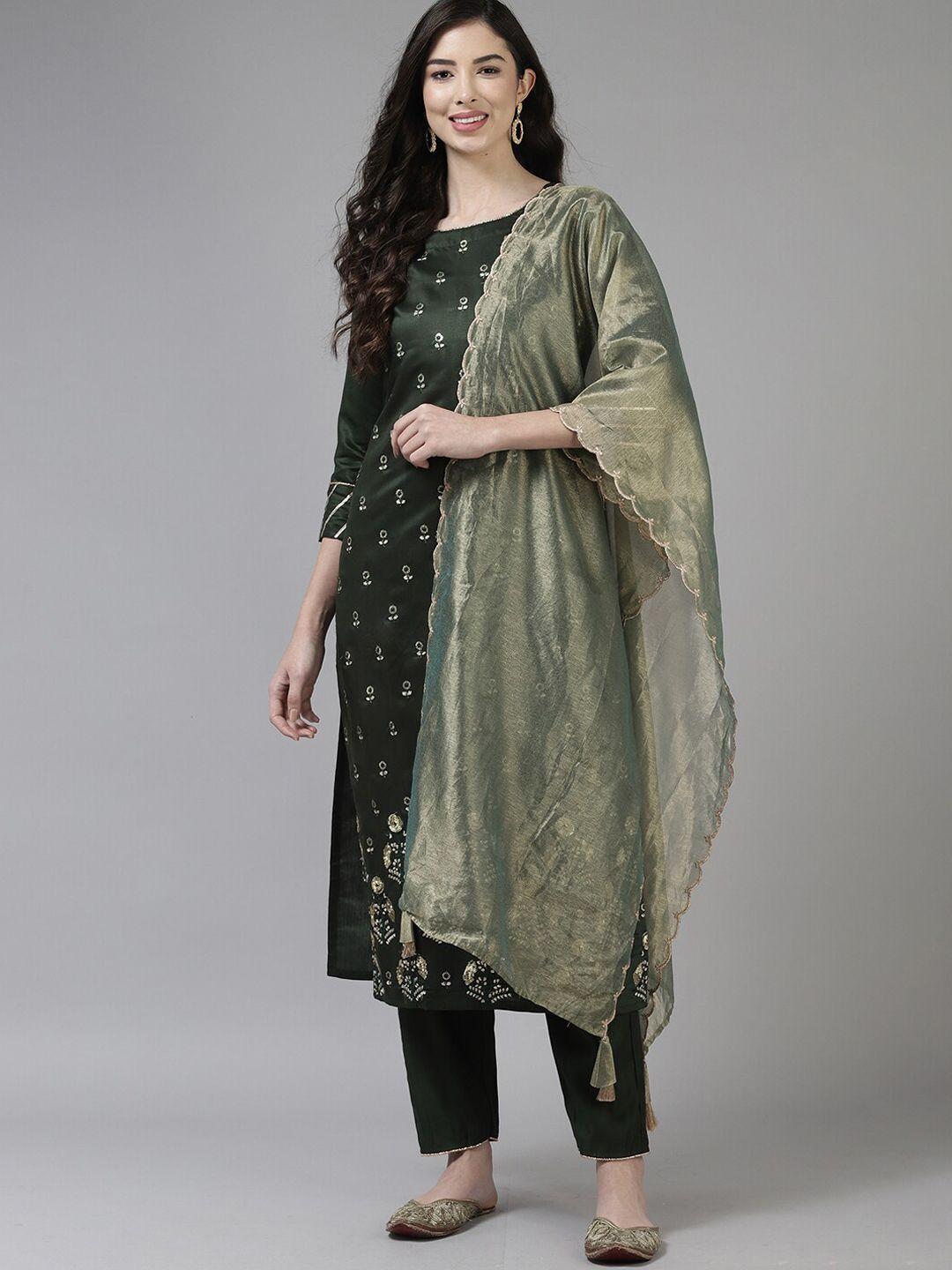 indo era floral embroidered sequinned pure cotton kurta trousers & dupatta