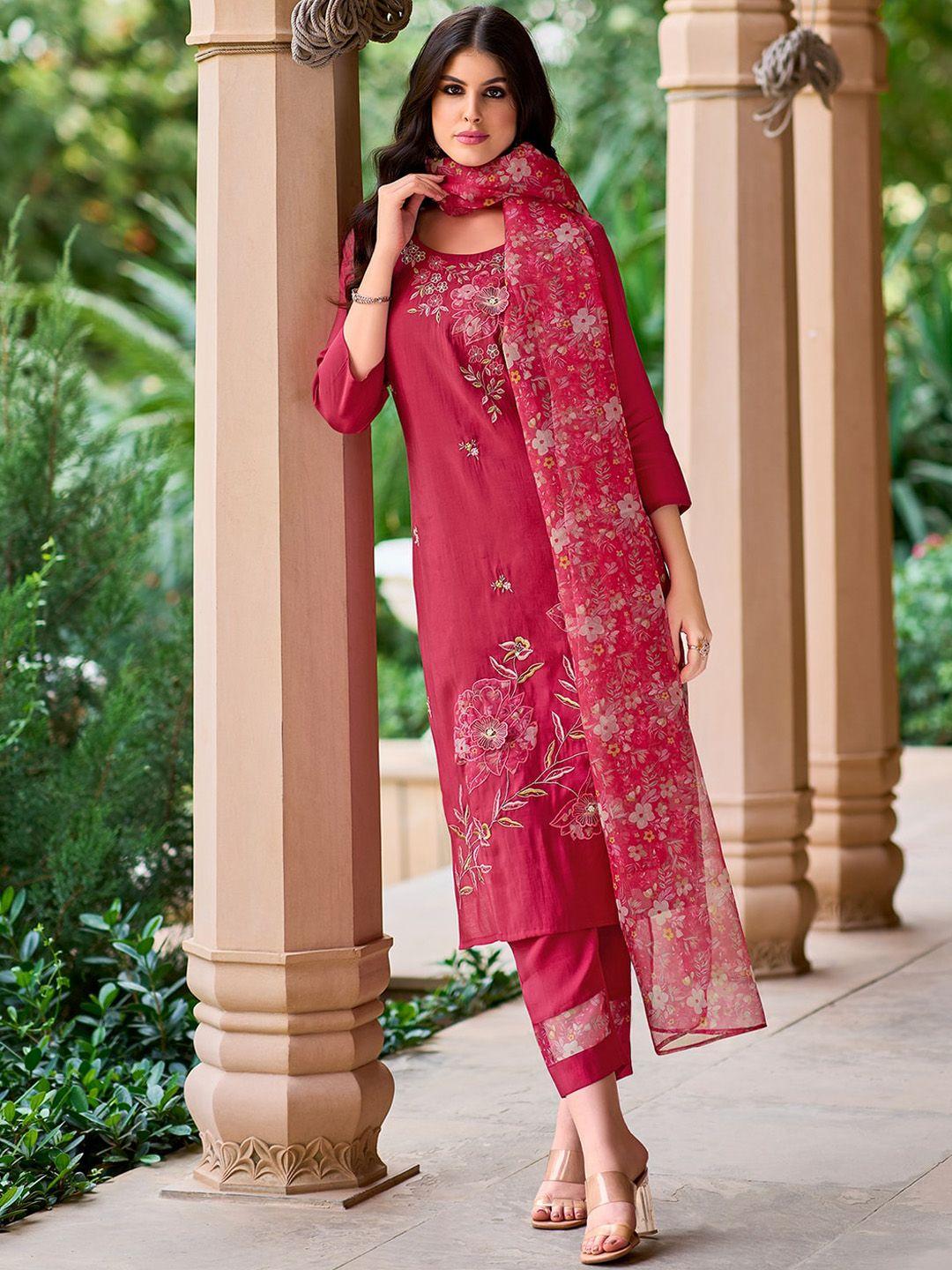 indo era floral embroidered straight kurta with trousers & dupatta