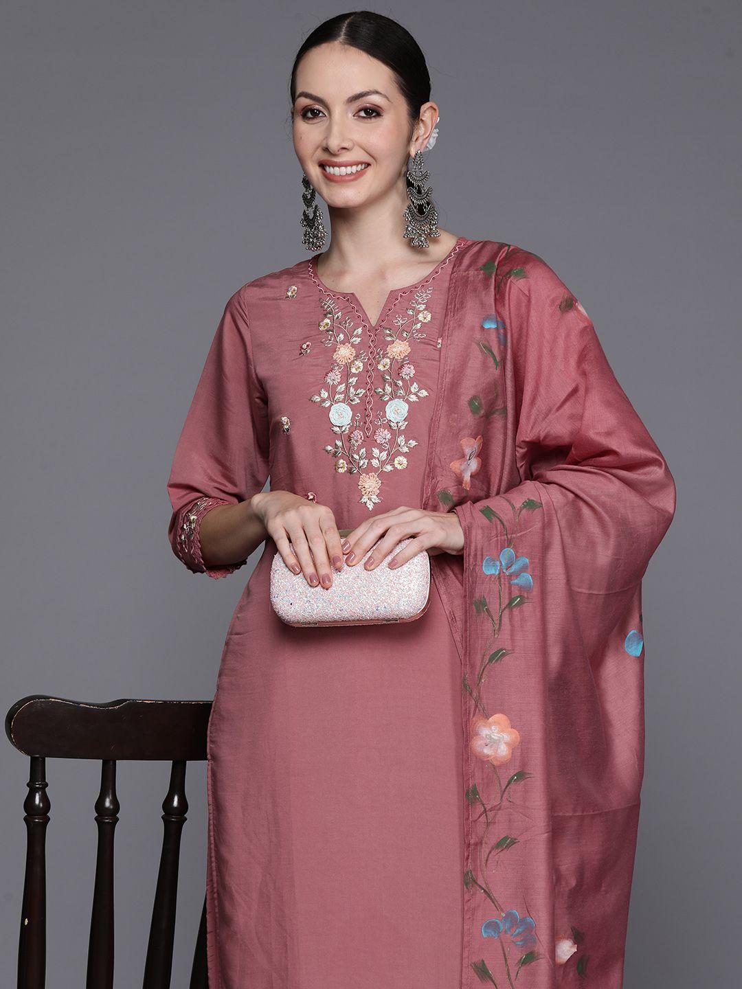 indo era floral embroidered thread work kurta with trousers & dupatta