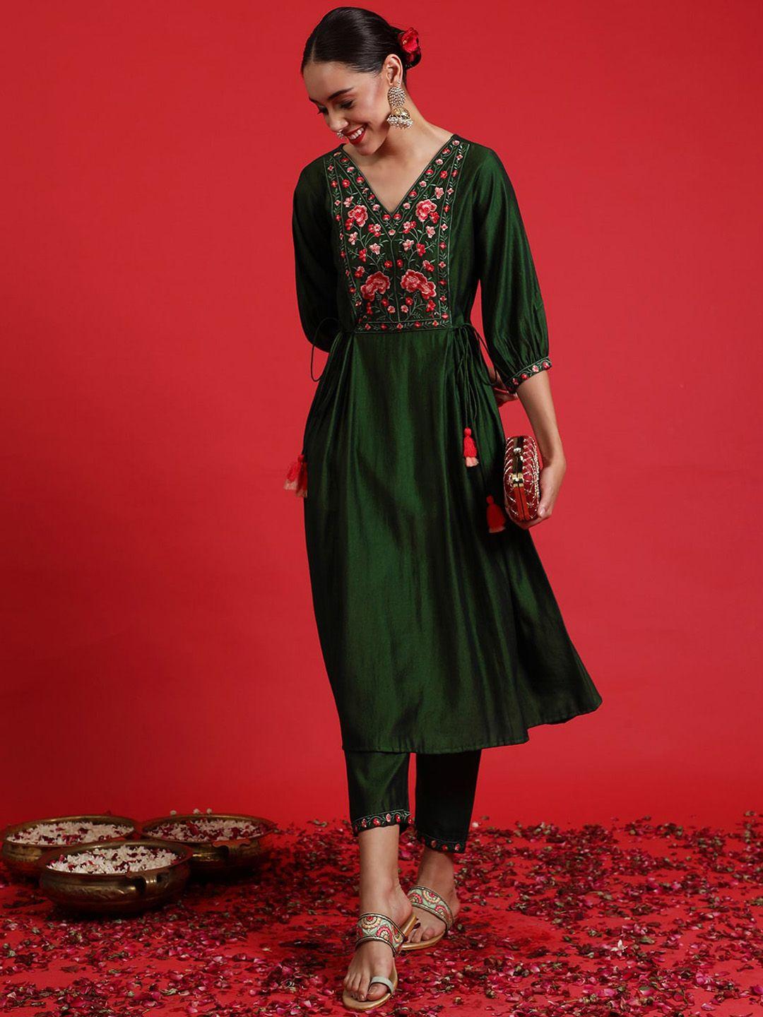 indo era floral embroidered thread work kurta with trousers
