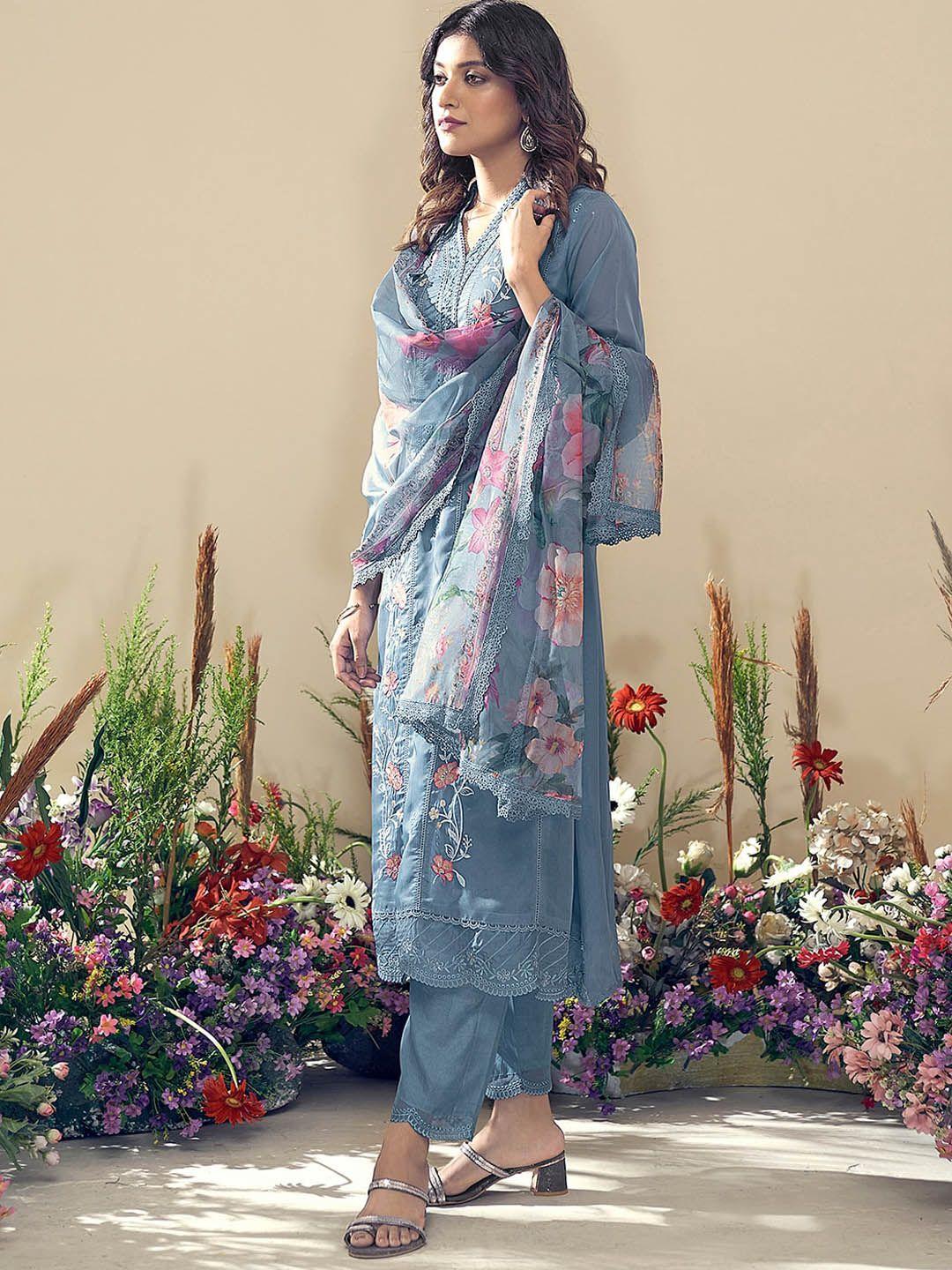 indo era floral embroidered thread work organza straight kurta with trousers & dupatta