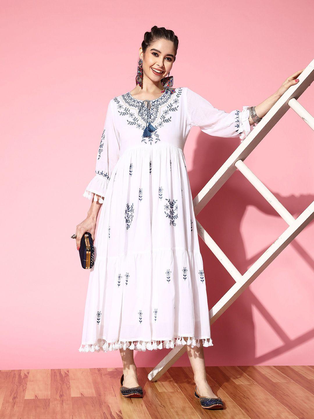 indo era floral embroidered tie-up neck layered pure cotton ethnic a-line midi dress