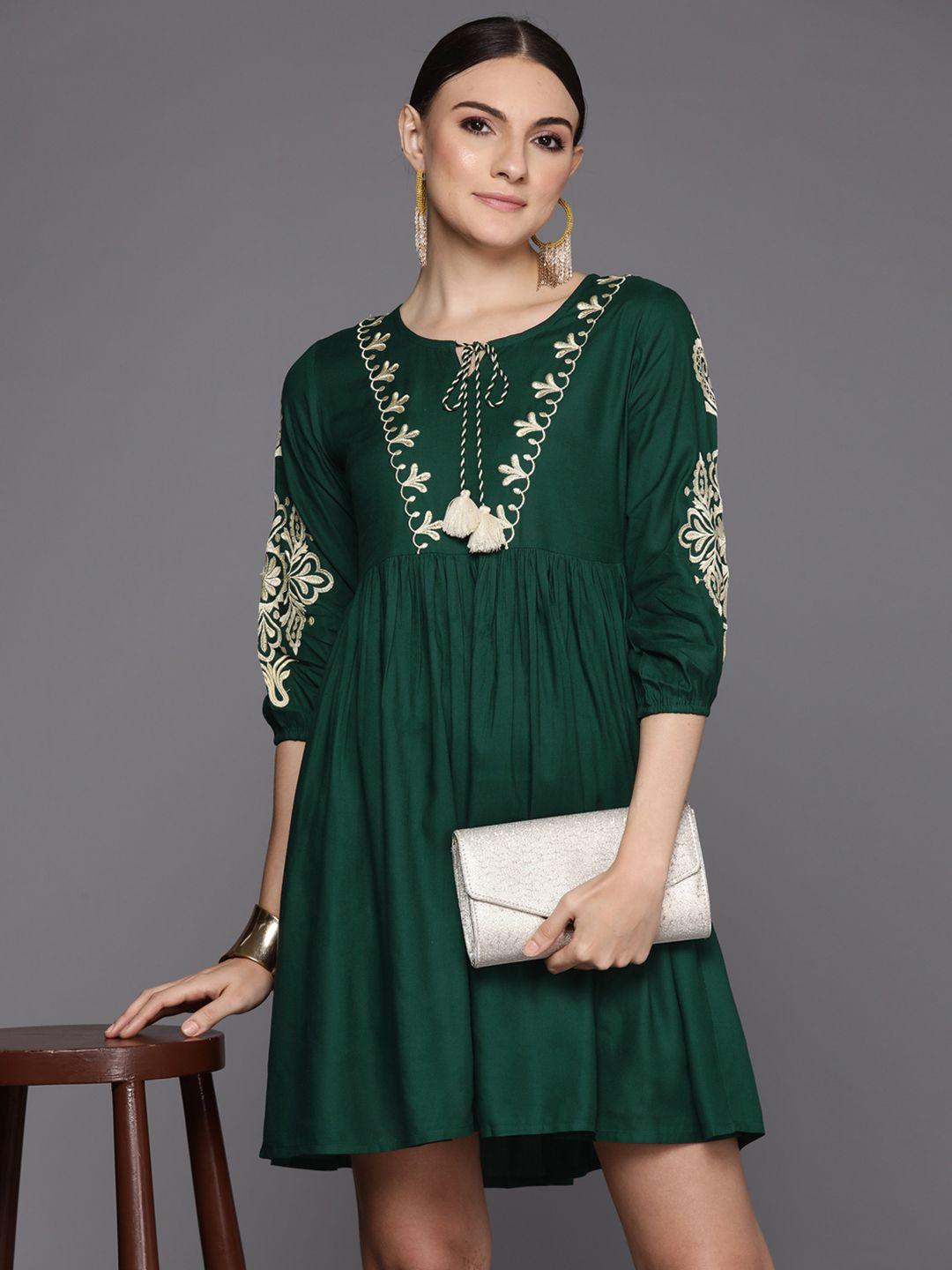 indo era floral embroidered tie-up neck puff sleeve a-line dress