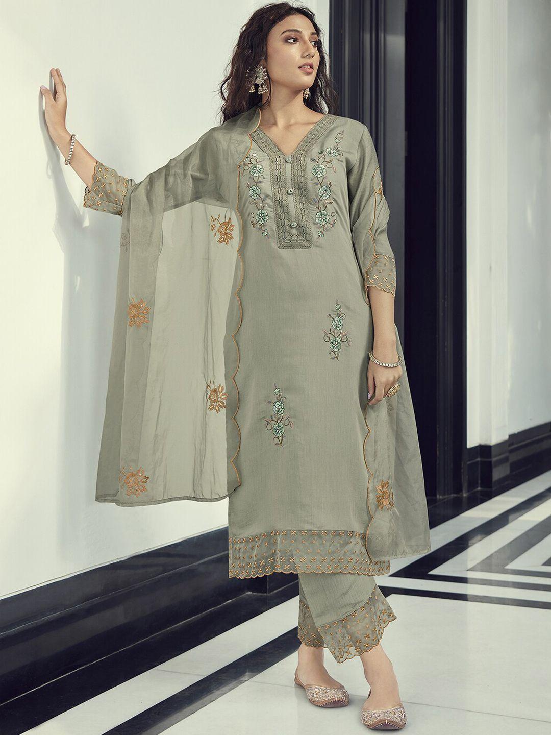 indo era floral embroidered v-neck kurta with trousers & dupatta